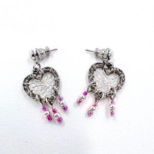 New / Hand Crafted - Silver Tone Heart Dreamcatcher & Pink Beaded Post Earrings.